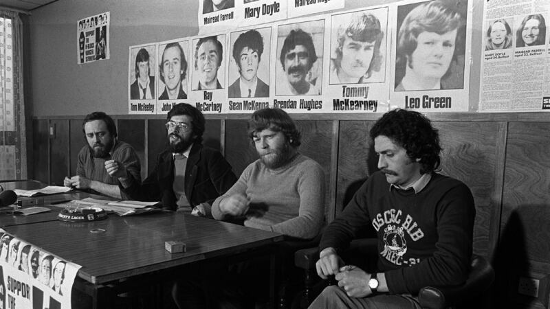 Danny Morrison, Gerry Adams, Kieran Nugent and  Joe Maguire at a  Sinn Féin conference at Lake Glenn following the end of IRA hunger strike in December 1980.  Photograph: Pacemaker