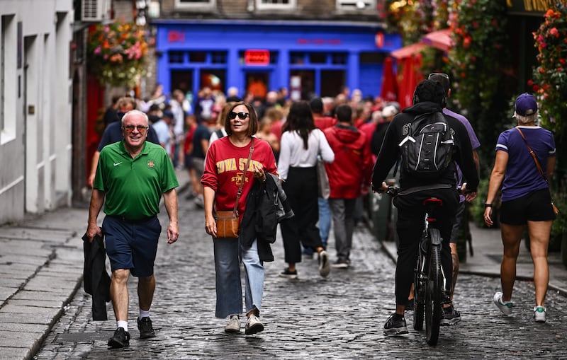 American football fans in Temple Bar, Dublin, ahead of the Aer Lingus College Football Classic between Kansas State University and Iowa State University at the Aviva Stadium. Photograph: Ben McShane/Sportsfile
