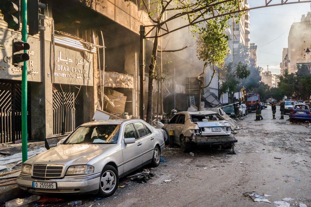The aftermath of the Israeli strike that targeted the neighbourhood of Mar Elias in central Beirut on Sunday. Photograph: Nael Chahine/Middle East Images/AFP via Getty