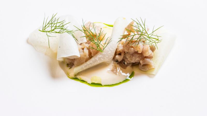 Tartare of mackerel, pickled kohlrabi, oyster emulsion