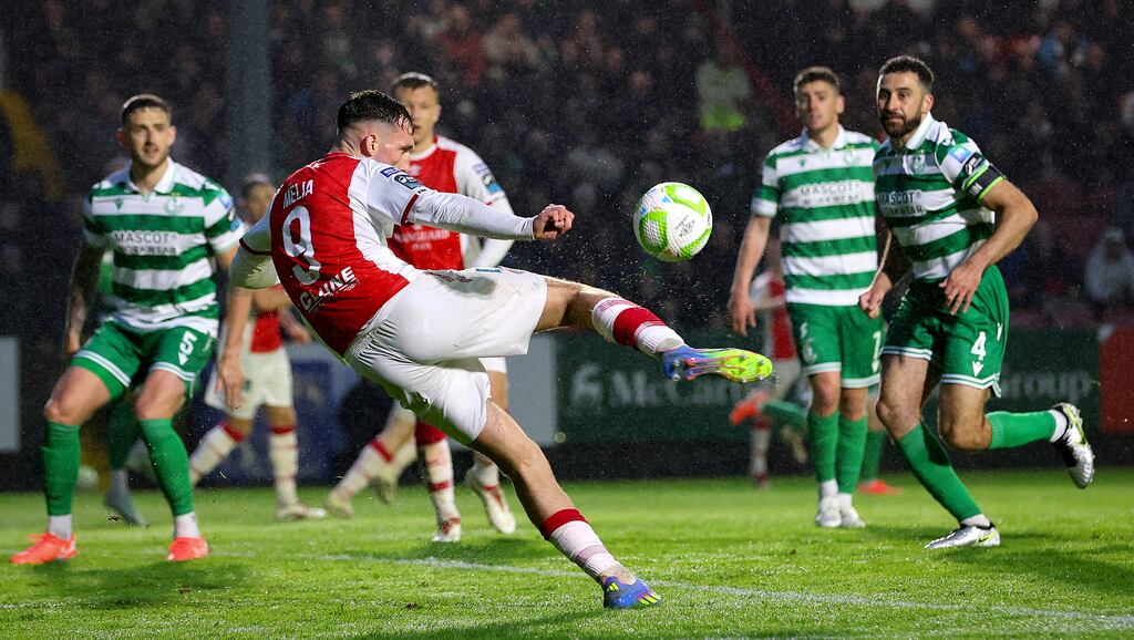 Pats’ Mason Melia scores the first goal of the game. Photograph: Ryan Byrne/Inpho