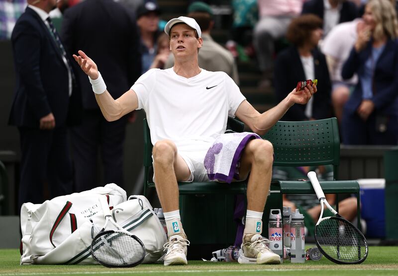 Jannik Sinner of Italy reacts during a break between sets against Daniil Medvedev. Photograph: Francois Nel/Getty