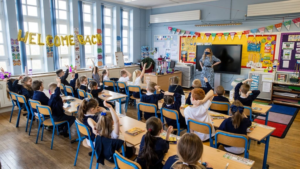 P3 teacher Jessica Cargill with her class at Springfield Primary School in Belfast. File photograph: Liam McBurney/PA Wire