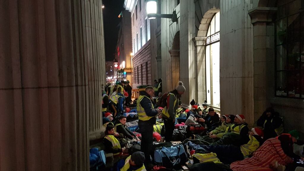 GAA players sleeping-out at the GPO in Dublin on Saturday night. Photograph: Ruairí McKiernan Twitter account