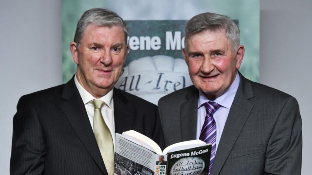 Eugene McGee with Mick O’Dwyer at the launch of his book ‘The GAA in My Time’ by Eugene McGee. Photograph: Matt Browne/Sportsfile