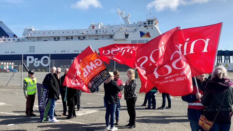 Scenes from a protest at Larne Port in Northern Ireland on Friday after P&O Ferries suspended sailings and handed 800 seafarers immediate severance notices. The P&O vessel the European Causeway is docked in the background. Photograph: David Young/PA Wire
