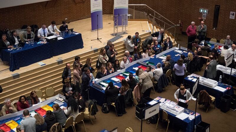 Count volunteers sort ballot papers at Kensington Town Hall, London during counting in the local council elections. Photograph: PA