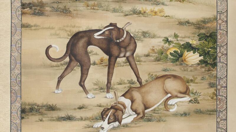 A major hound scroll painting inscribed with the apocryphal signature of Giuseppe Castiglione, also known as Lang Shining. but believed to be by the Italian priest by former owner Argentine diplomat,Juan Carlos Enrique Katzenstein. The work is accompanied with documentation from the months of research by Katzenstein €10,000–€12,000