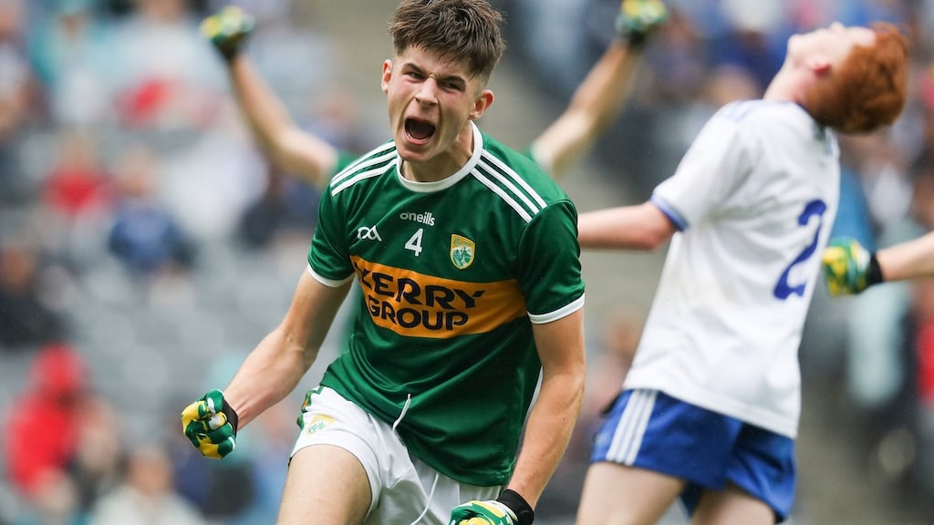 Kerry’s David Mangan celebrates scoring a goal in the All-Ireland MFC semi-final against Monaghan at Croke Park. Photograph: Oisín Keniry/Inpho