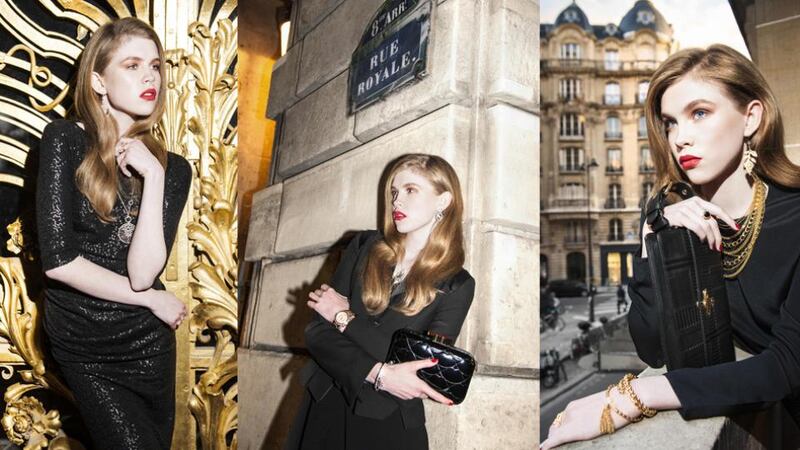 Left: Black sequin dress, €466, Vivienne Westwood; earrings, €495, and pendant, €495, both by Appleby; love knot ring, €198, Thomas Sabo; rose gold stacking rings, from €98 each, Thomas Sabo Middle: Black tux jacket, €360, Peter O’Brien; crystal drop earrings, €99, and crystal pendant, €167, both by Swarovski; love knot bracelet, €498, and silver bangle, €198, both by Thomas Sabo; gold watch, €249, Michael Kors; quilted patent leather clutch, €350, Lulu Guinness Right: Silk blouse, €315, Goat; gold leaf earrings, €129, Chupi; multi-chain necklace, €99, Agatha; black clutch, €470, Vivienne Westwood; 14ct gold stacking rings, from €299 each, Pandora; Russian gold bracelet, €63, and tassel bracelet, €63, both Alex & Ani