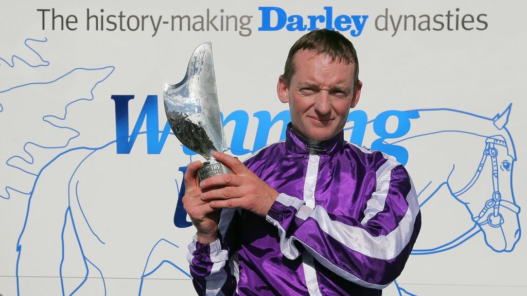 Jockey Séamus Heffernan celebrates after his winning ride on Seventh Heaven in the Darley Irish Oaks on Saturday. Photograph: Lorraine O’Sullivan/Inpho