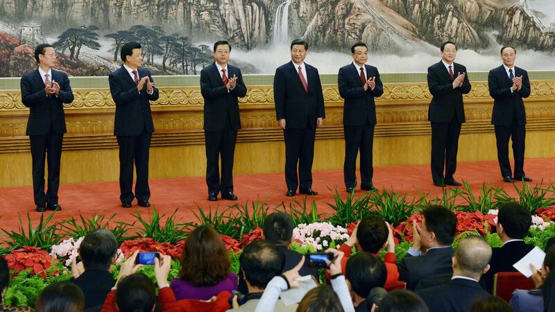 The 2012 politburo standing committee of the Communist Party at the Great Hall of the People in Beijing. China is home to one in five of the world’s women, but a woman has never joined the political elite on the dais. Photograph: Kyodo News via Getty Images