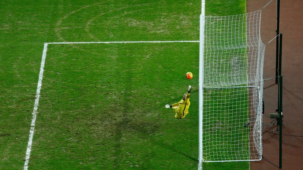 Manchester City goalkeeper Joe Hart makes a stunning  saves from a free kick from West Ham’s Dimitri Payet during the Premier League game at Upton Park. Photograph:   Eddie Keogh/Reuters/Livepic