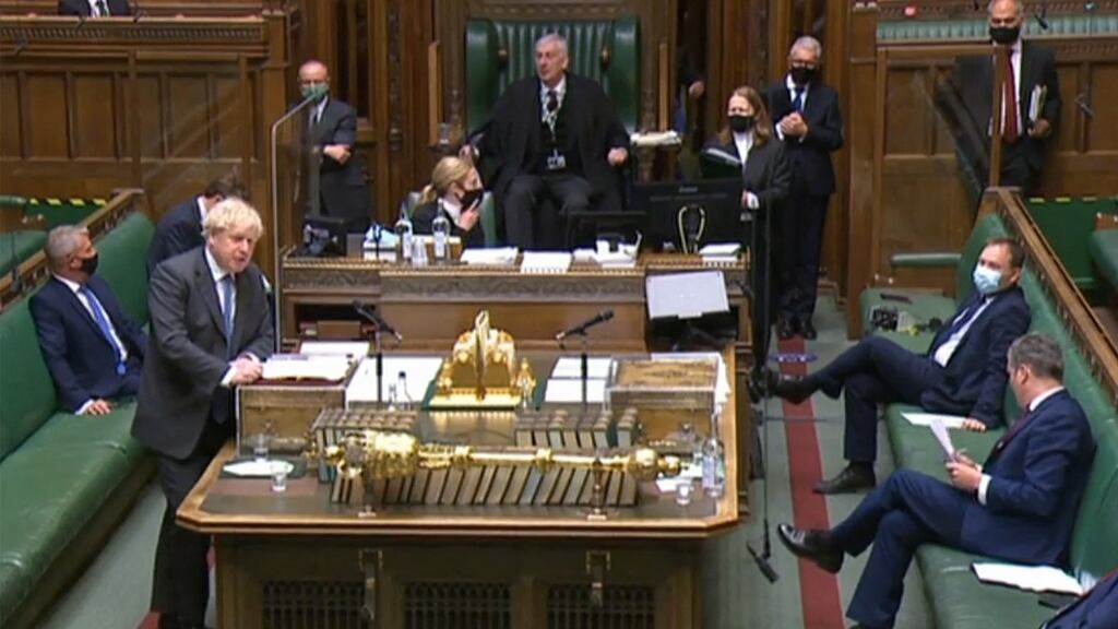 Boris Johnson faces Labour leader Keir Starmer during prime minister’s questions. Photograph: PRU/AFP via Getty