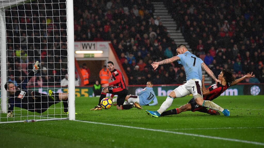 Marko Arnautovic of West Ham United scores his second goal at the Vitality Stadium. Photograph: Dan Mullan/Getty Images