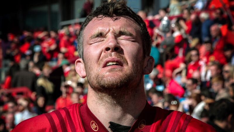 Peter O’Mahony reacts after Munster’s narrow win over Benetton. Photograph: Billy Stickland/Inpho