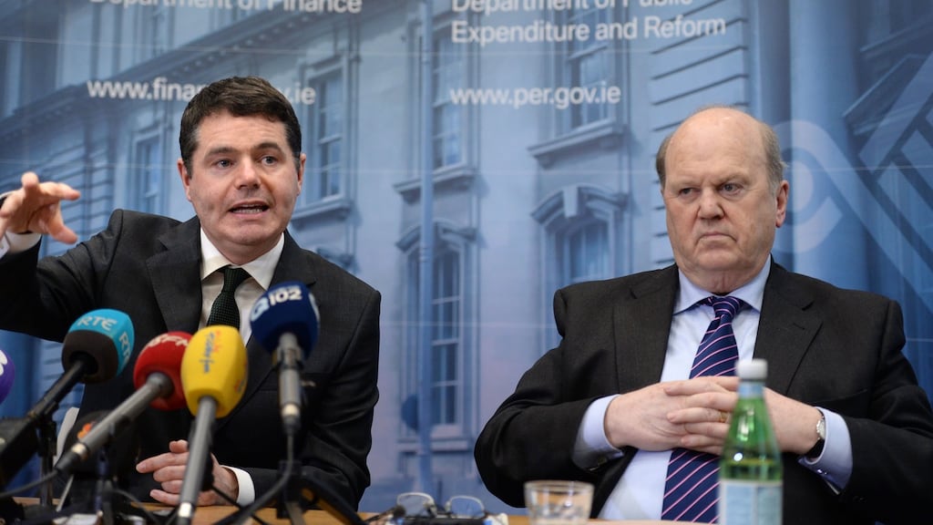 Minister for Public Expenditure Paschal Donohoe and Minister for Finance Michael Noonan outline the approach of the mid-term review of the capital plan. Photograph: Dara Mac Dónaill