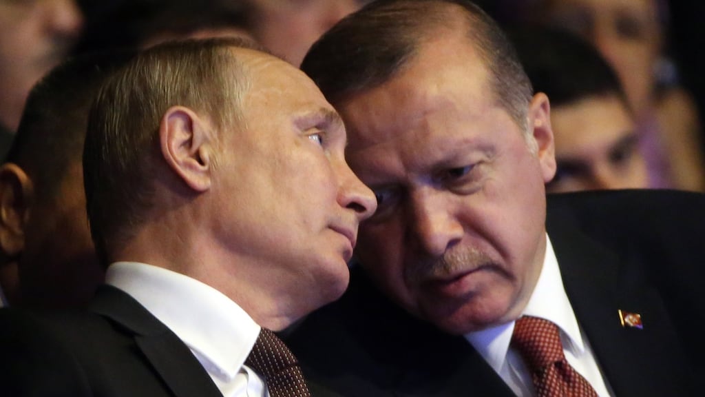 Russian president Vladimir Putin  listens to Turkish president Recep Tayip Erdogan  in Istanbul,Turkey. File photograph: Mikhail Svetlov/Getty Images