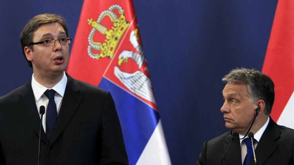 Serbian prime minister Aleksandar Vucic and Hungarian prime minister Viktor Orban in Budapest on Wednesday. Photograph: Bernadett Szabo/Reuters