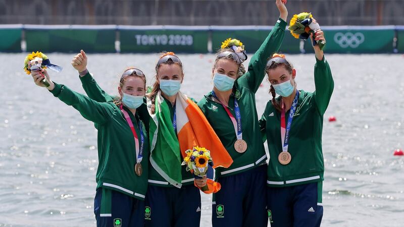 Aifric Keogh, Eimear Lambe, Fiona Murtagh and Emily Hegarty celebrate with their bronze medals. Photo: Bryan Keane/Inpho
