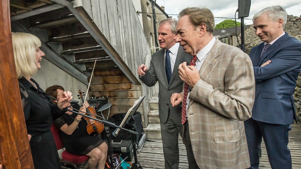 Harpist Marina Cassidy chats with Maurice Moloney of Fethard Business & Tourism Group, composer Andrew Lloyd Webber and Joe McGrath, chief executive of Tipperary County Council, at the launch of the Fethard Horse Country Experience. Photograph: Pat Moore.