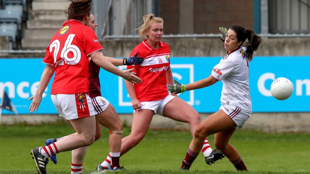 Cork’s Saoirse Noonan scores a goal against Galway in the league final. Photograph: Bryan Keane/Inpho