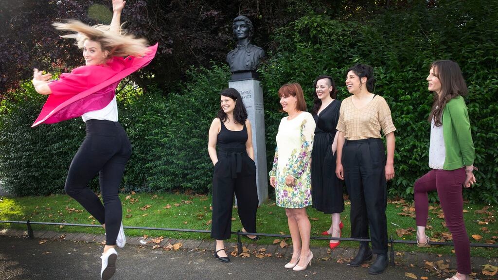 Above,  Sibéal Davitt, Dimitra Xidous, Minister for Culture, Heritage and the Gaeltacht Josepha Madigan TD, Annemarie Ní Churreáin, Isadora Epstein and Claire Kilroy at the announcement of a  new arts award scheme to commemorate Countess Markievicz. Photograph:  Orla Murray/ SON Photo