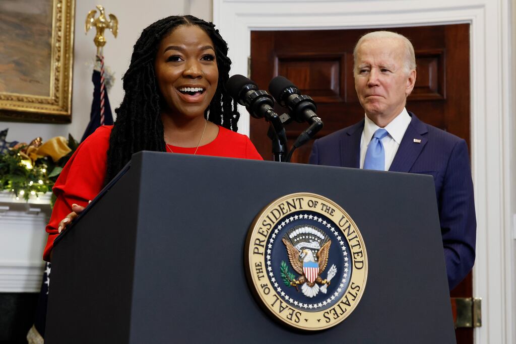 Cherelle Griner, wife of Olympian and WNBA player Brittney Griner, speaking after Joe Biden announced her release from Russian custody. Photograph: Chip Somodevilla/Getty Images
