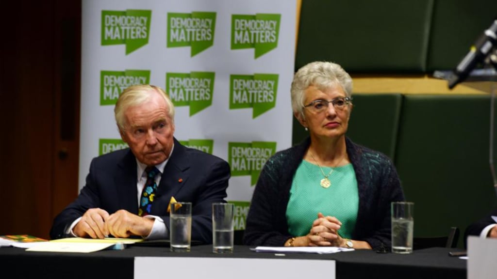 Senator Feargal Quinn and Senator Catherine Zappone at the launch of Democracy Matters, which is campaigning against the abolition of the Seanad, at Smock Alley Theatre in Dublin. Photograph: Cyril Byrne/The Irish Times