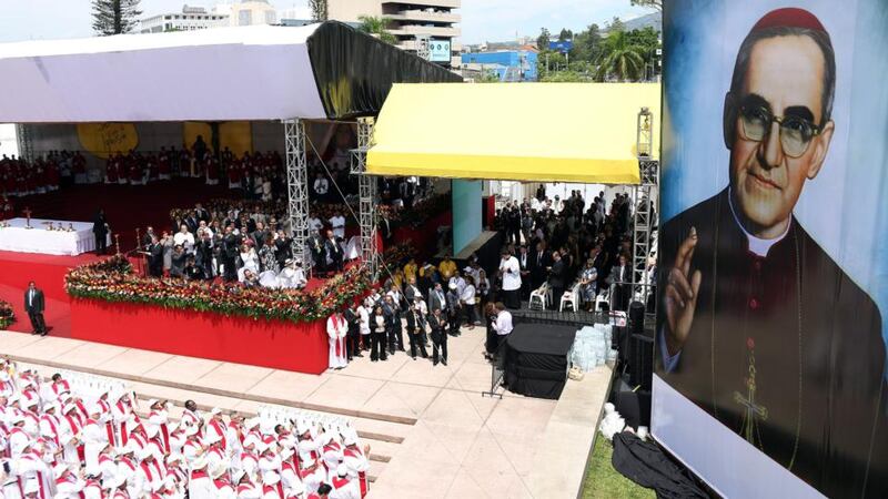 An image of Oscar Romero looks down on his beatification ceremony in San Salvador. More than 250,000 people gathered in the capital for the occasion. Photograph: Rodrigo Sura/EPA