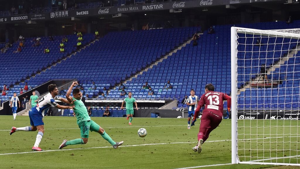 Casemiro of Real Madrid scores the winner for his side during their LaLiga clash with Espanyol. Photo: David Ramos/Getty Images