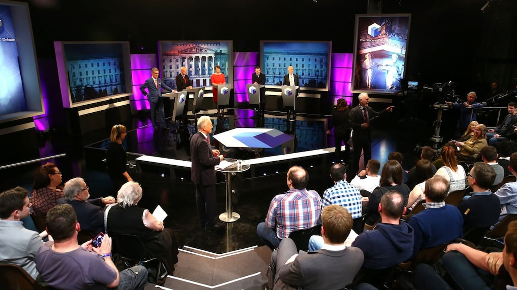 The Leaders’ Debate on BBC One Northern Ireland with UUP leader Mike Nesbitt, Sinn Féin’s Martin McGuinness, DUP leader Arlene Foster, SDLP leader Colum Eastwood and Alliance Party leader David Ford. Photograph: Press Eye