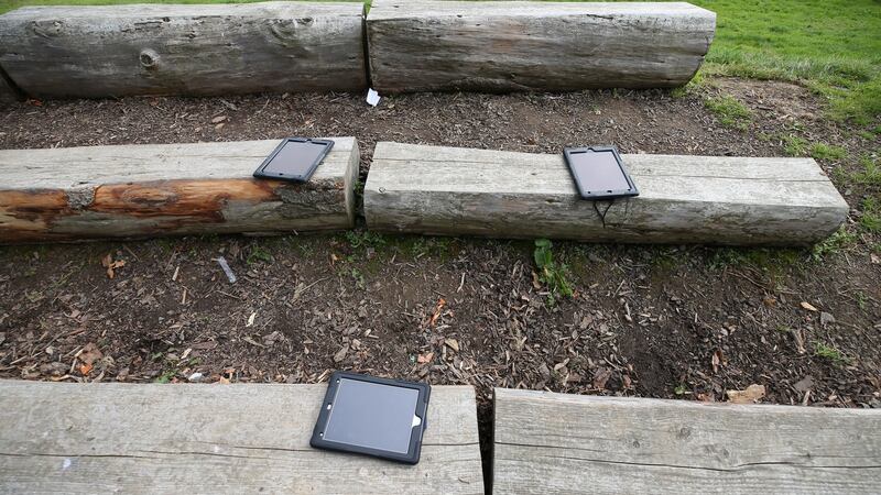 Students’ tablets placed on benches where outdoor classes are held at Temple Carrig School in Greystones. Photograph: Nick Bradshaw