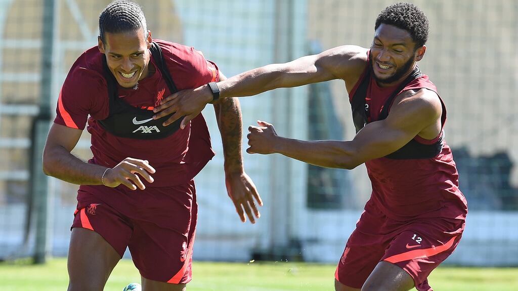 Virgil van Dijk and  Joe Gomez during a Liverpool training session at their pre-season camp in Austria. Photograph:  John Powell/Liverpool FC via Getty Images