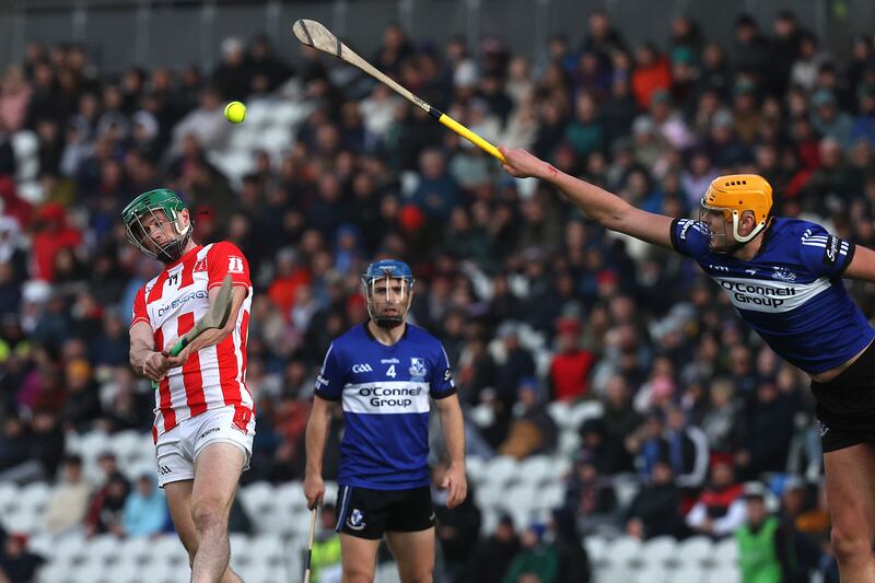Imokilly's Eoin Devis and Sarsfields' Conor O'Sullivan during last year's Cork SHC final. Photograph: Bryan Keane/Inpho
