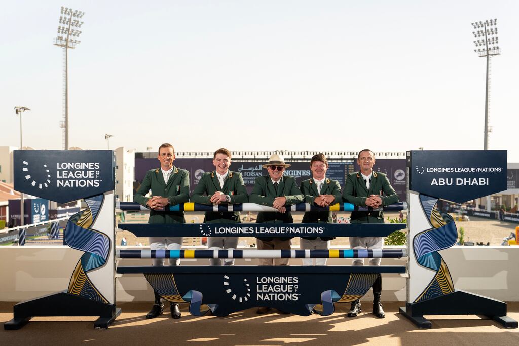 Trevor Breen, Jason Foley, Michael Blake, Mikey Pender and Denis Lynch at the 2025 Longines League of Nations opening event in Abu Dhabi. Photograph: Horse Sport Ireland