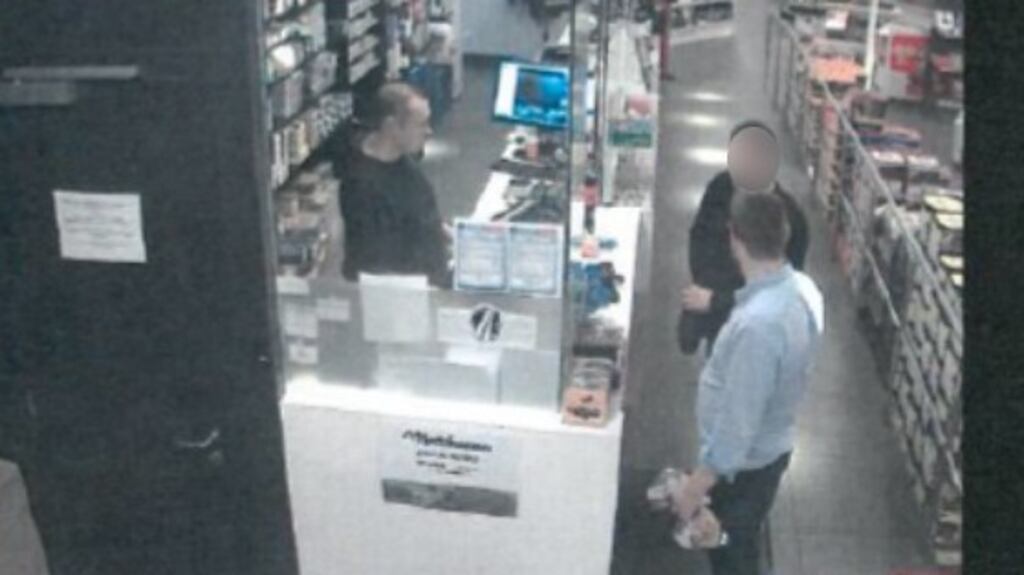 Screengrab taken from CCTV dated 08/10/19 issued by Essex Police of Eamonn Harrison (in blue shirt) with Petrisor Zgarcea. This video has been shown at the Old Bailey, London. Photograph: Essex Police/PA Wire