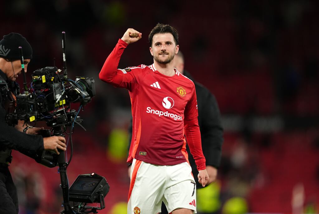 Manchester United's Mason Mount celebrates. Photograph: Martin Rickett/PA