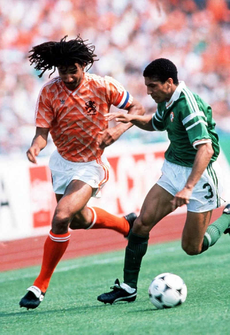 The Republic of Ireland’s Chris Hughton chase Holland’s Ruud Gullit during the European Championships in 1988. File photograph: Billy Stickland/Inpho