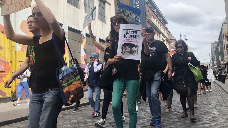 Protesters marching through Temple Bar in Dublin, demonstrating against the cruelty to animals in the greyhound industry. Photograph: Alan Betson
