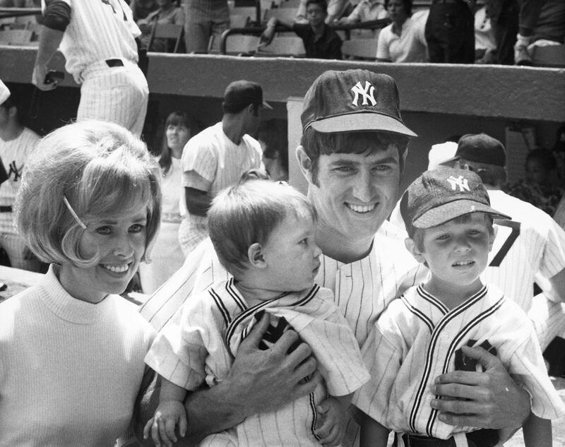 Marilyn Peterson and Fritz Peterson with their children, Eric and Greg, at Yankee Stadium in the Bronx in 1971.  Photograph: Louis Requena/MLB via Getty Images