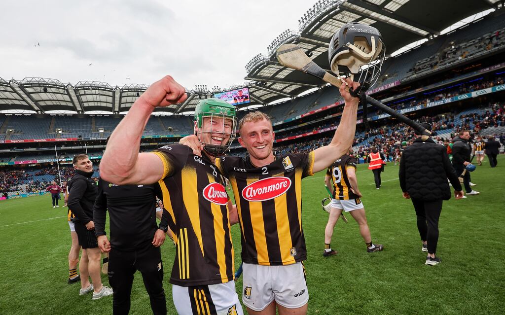 Kilkenny’s Martin Keoghan and Mikey Butler celebrate after last's months Leinster final victory over Galway. Photograph: James Crombie/Inpho