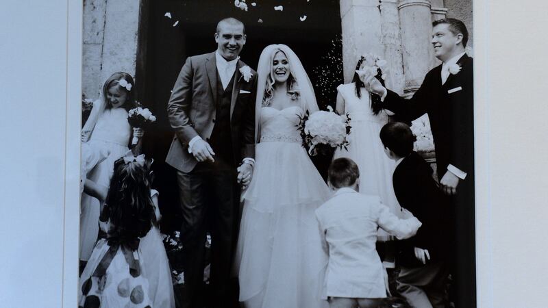 The wedding photograph in Karen’s home. Photograph: Cyril Byrne