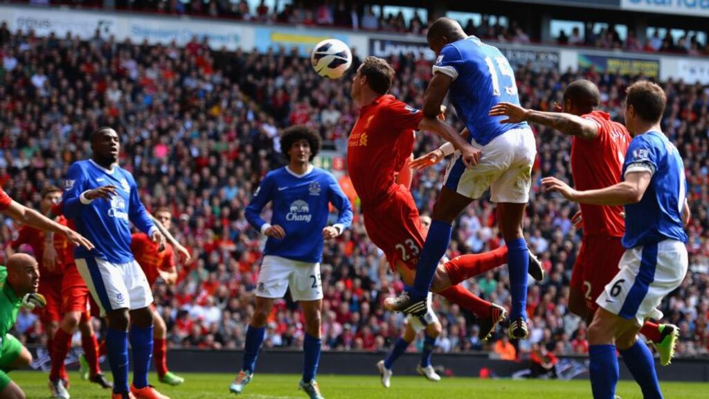 Sylvain Distin of Everton scores a disallowed goal during the Premier League match between Liverpool and Everton at Anfield. Photograph: Laurence Griffiths/Getty Images
