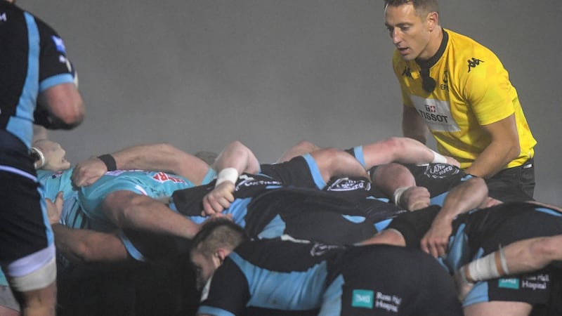 Glasgow Warriors and Exeter Chiefs scrum down under the watchful eye of referee Andrew Brace. Photograph: Craig Watson/Inpho