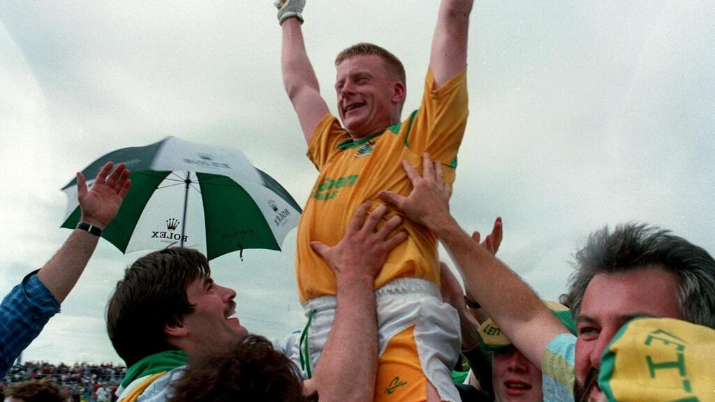 Leitrim footballer Declan D’Arcy celebrates his team’s famous Connacht final victory in 1994. Photograph: Inpho