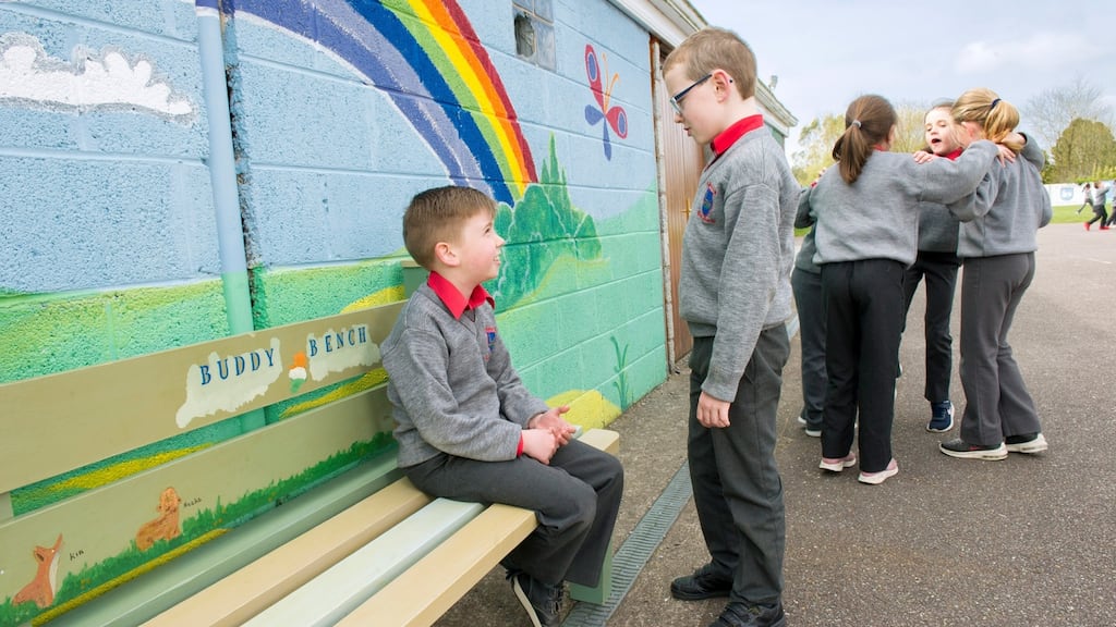 Jackson Cooney (8) and Daniel Murray (8) pictured on the schoolyard buddy bench at Castlemartyr National School in Co Cork. Photograph: Daragh McSweeney/Provision
