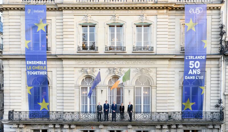 Vincent Guérend, French ambassador to Dublin; Minister for the Environment Eamon Ryan; Taoiseach Micheál Martin; French energy minister Agnès Pannier-Runacher; and Niall Burgess, Ireland’s Ambassador to France. Photograph: Alexandre Nestora