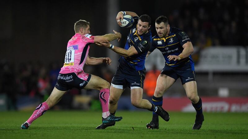 Gareth Steenson tries to tackle Robbie Henshaw during a Champions Cup clash between Exeter and Leinster in December 2017. Photograph: Stu Forster/ Getty