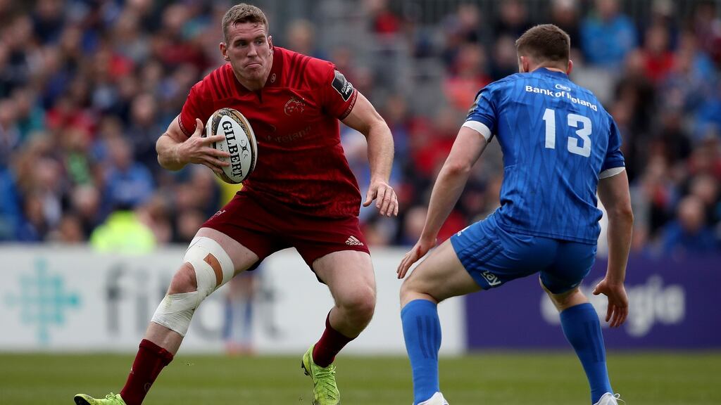 The midfield battle between Munster’s Chris Farrell with Garry Ringrose will be key on Friday night. Photograph: Dan Sheridan/Inpho